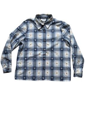 Alfred Dunner Vintage Blue Plaid Cottagecore Hearts & Flowers Blouse Size 12P